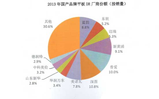 2013年國產(chǎn)品牌平板DR廠商份額(按銷量) 2013年國產(chǎn)品牌平板DR廠商份額(按銷量)